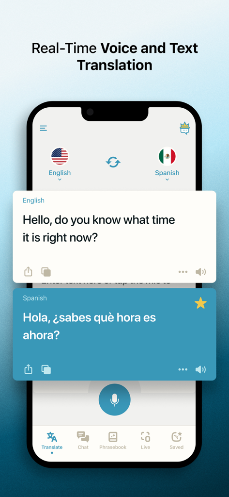 A smartphone screen showing real-time voice and text translation between English and Spanish