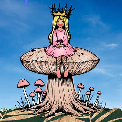 realistic girl sitting on a huge tree stump size toadstool with thorn crown