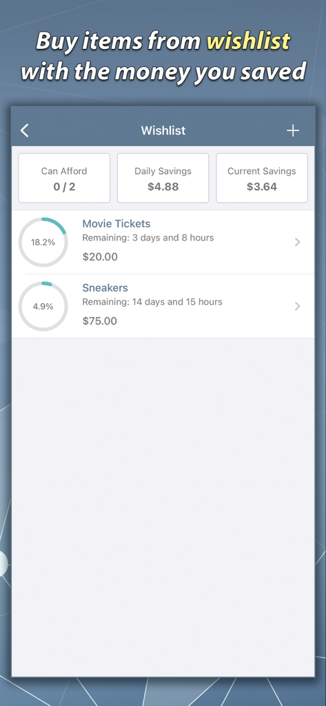 Quit Smoking Helper - Stop Now - Quit Smoking Helper app wishlist screen showing progress for rewards like movie tickets and sneakers using saved money