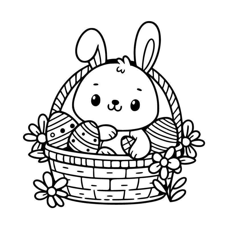 cute bunny in a basket with easter eggs