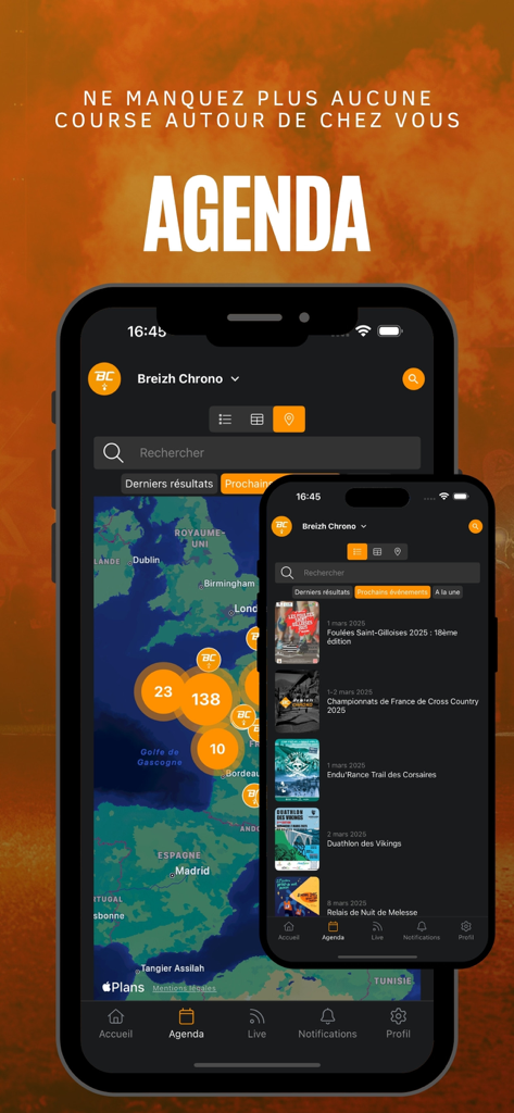 Interface de l'application Breizh Chrono affichant une carte des lieux de course et une liste des événements sportifs à venir.