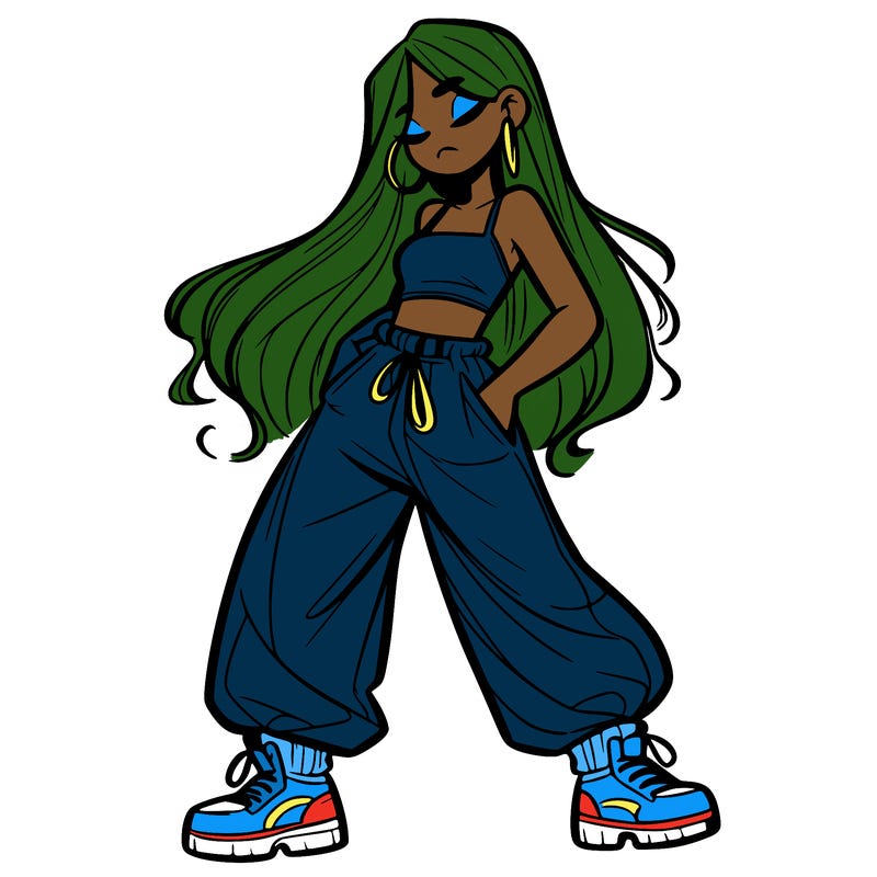 girl in baggy pants crop top and long hair