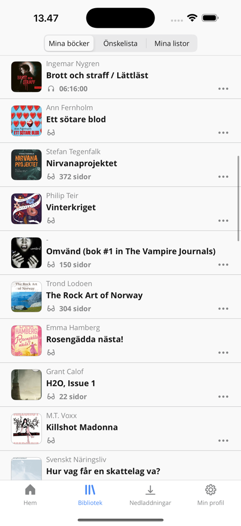 Bokon - Bokon App-Bibliotheksansicht mit einer Liste schwedischer E-Books und Hörbücher