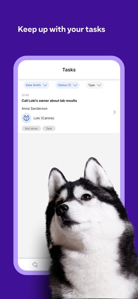 Tela do aplicativo Provet Mobile mostrando uma tarefa para ligar para o tutor de um animal sobre resultados de exames para um paciente canino.