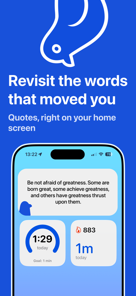 Smartphone home screen displaying Readgio widgets for saved book quotes and daily reading statistics.