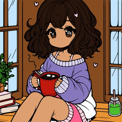 cute anime girl reading book and drinking hot chocolate from mug with loose wavy hair wearing a baggy sweatshirt and shorts sitting by windowsill looking out