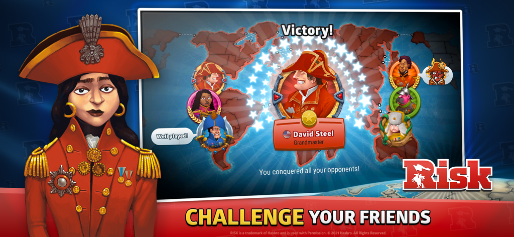 Pantalla de victoria en RISK: Dominación Global que muestra a un jugador alcanzando el rango de Gran Maestro