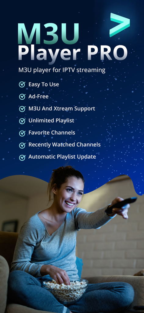 A woman watching live TV using the M3U Player Pro IPTV app on her television