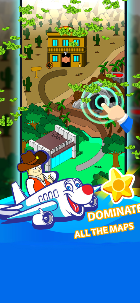 A cartoon cowboy character flying a smiling airplane over a map with various business buildings and money falling from the sky.