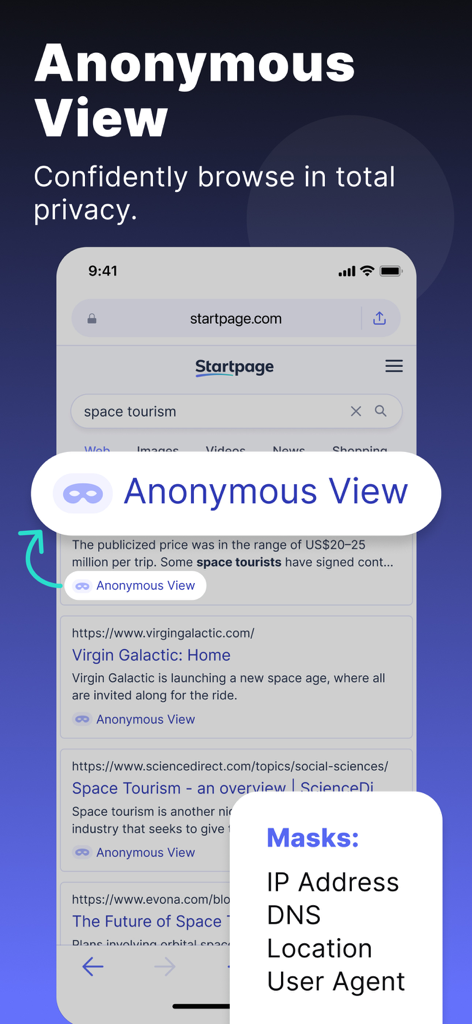 Startpage - Private Browser - Startpage Private Browser showing Anonymous View feature that masks IP address and DNS