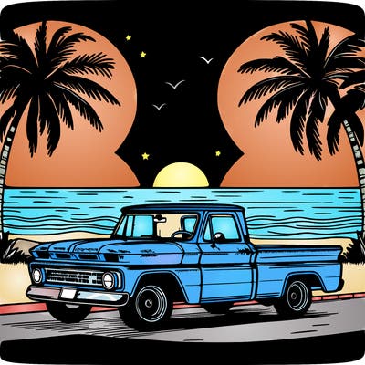 1966 chevrolet c10 pickup truck parked on beach road at sunset with palm trees and ocean waves in background