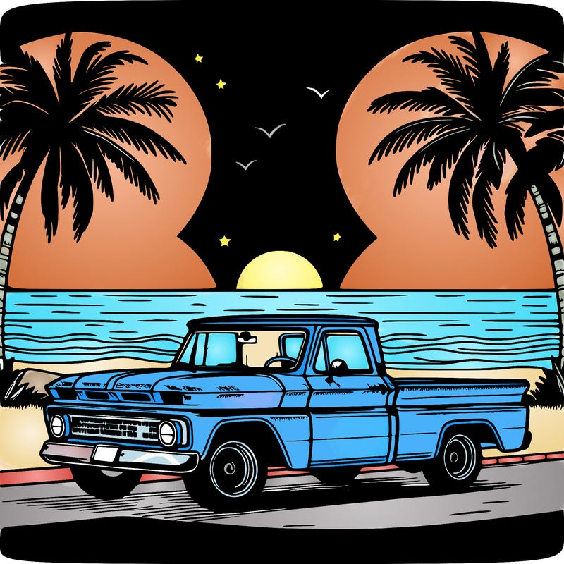 1966 chevrolet c10 pickup truck parked on beach road at sunset with palm trees and ocean waves in background