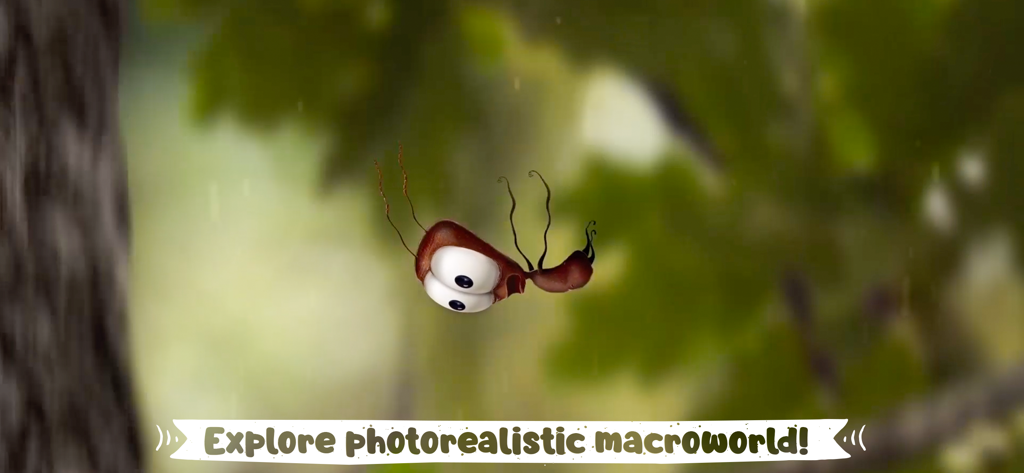 Florantine the ant falling in a photorealistic macroworld environment