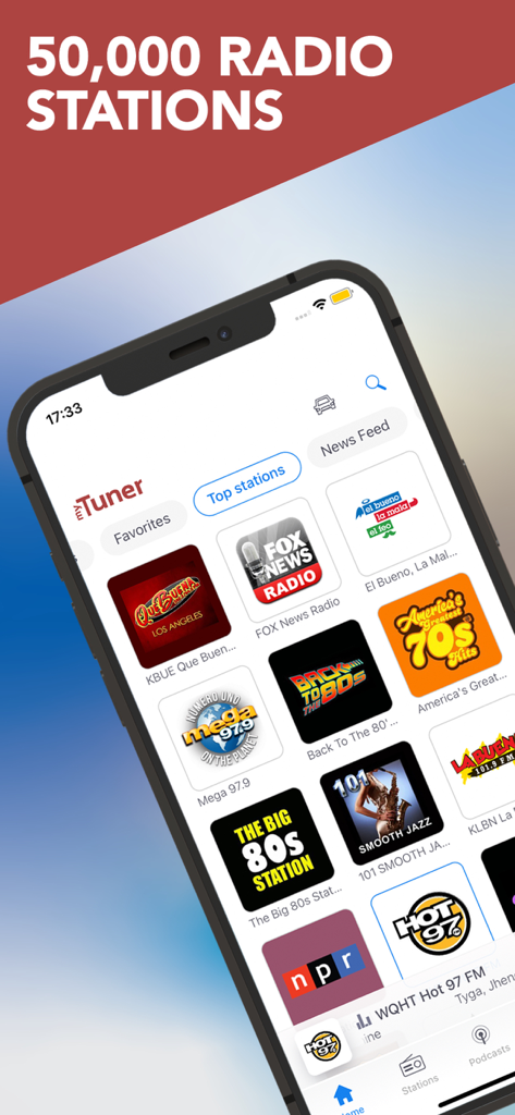 Smartphone screen showing the myTuner Radio app interface with a variety of top global radio stations and 50000 available channels.
