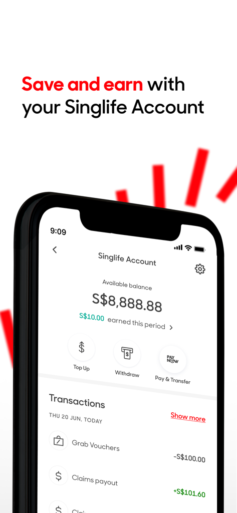 Singlife mobile app dashboard showing available balance and transaction history