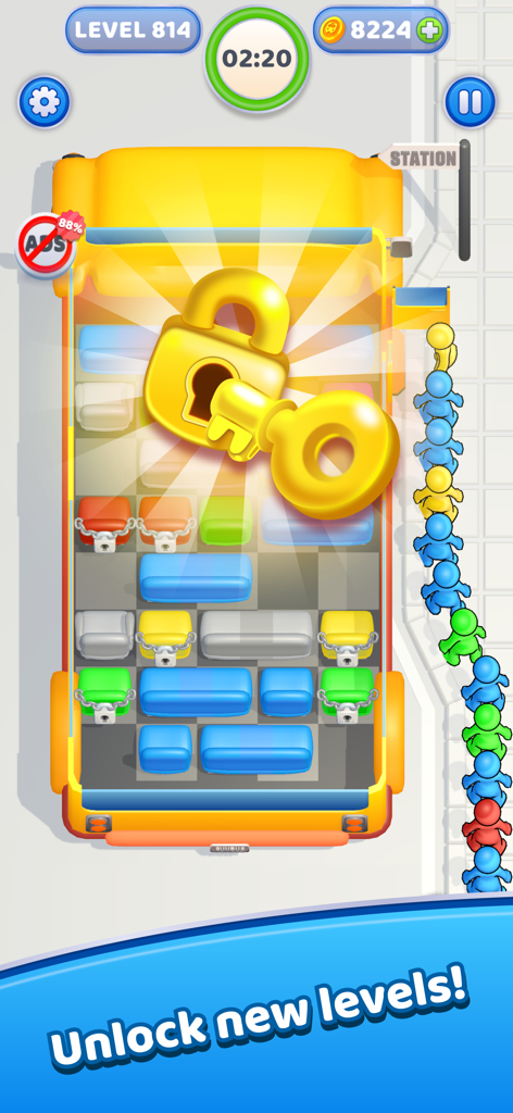 Seat Away - Seat Away game screenshot showing a bus puzzle with a golden lock and key to unlock new levels