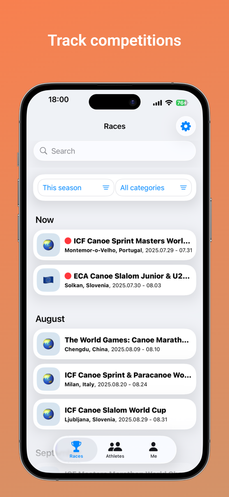 Kajakapp - Mobile screen of Kajakapp displaying a list of live and upcoming canoe and kayak sprint and slalom events