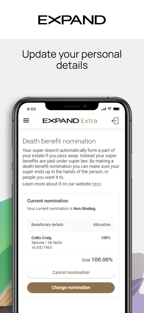 Expand - A mobile screenshot of the Expand finance app showing the death benefit nomination screen for updating beneficiary details.