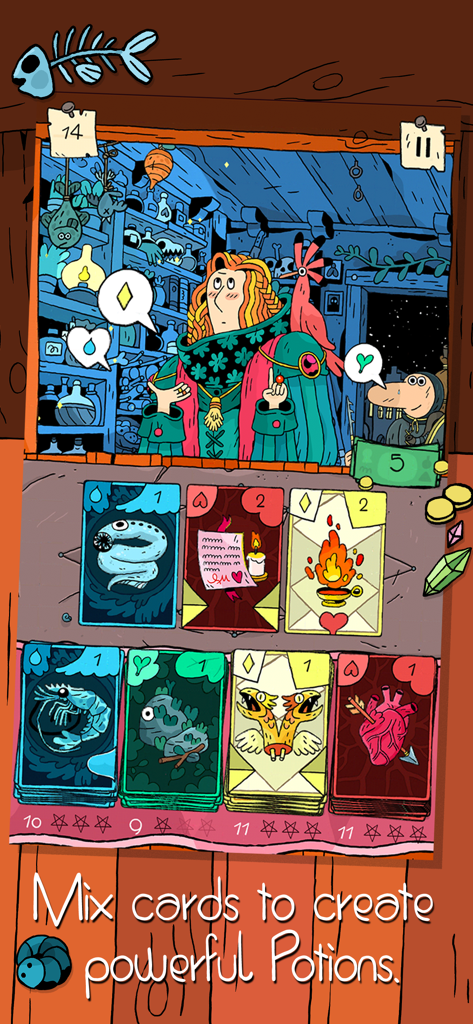 Miracle Merchant - Una pantalla de juego dibujada a mano que muestra a un personaje mercader mezclando coloridas cartas de ingredientes para elaborar pociones