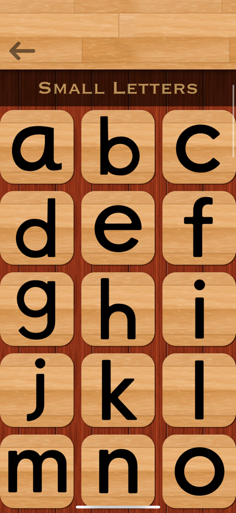 English 101 - Learn to Write - Menú de alfabeto en minúsculas en English 101 que muestra las letras de la a a la o en bloques de madera.