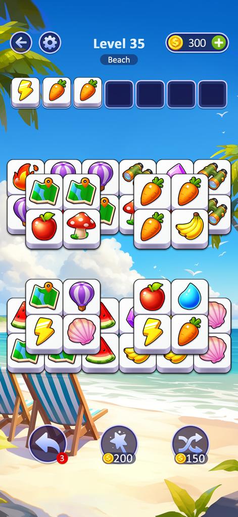 Tile Vacation - Triple Match - La interfaz del juego Tile Vacation muestra un puzle de triple coincidencia con un fondo de playa tropical.