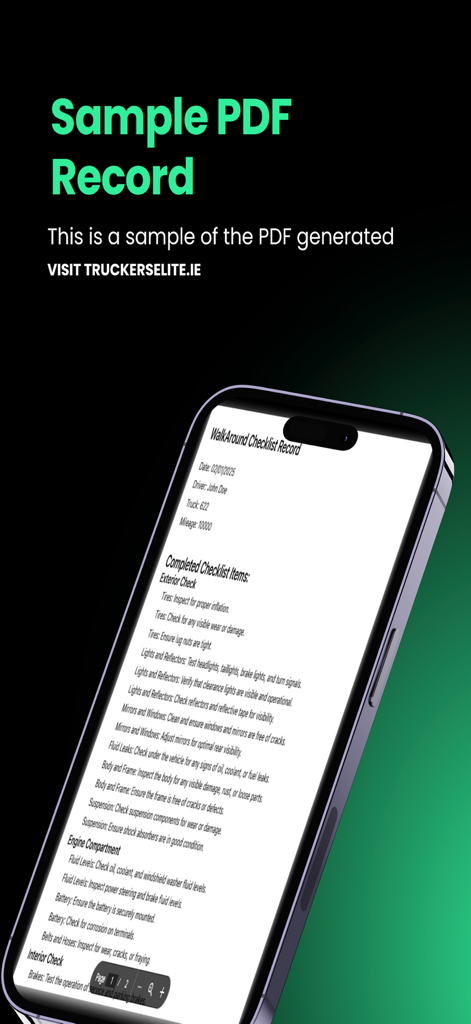 Smartphone screen showing a sample PDF vehicle inspection report from the WalkAround Checks app.