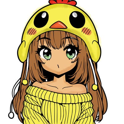 anime girl with chick shaped hat with sweater with bare shoulders with bangs covering them one eye with low tail