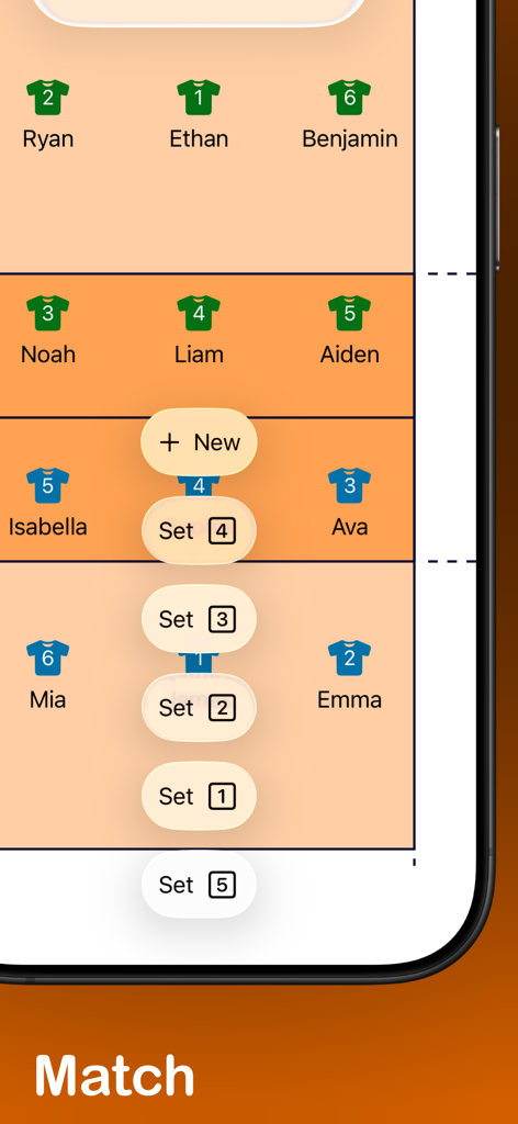 VolleyBoards - VolleyBoards app interface showing volleyball player positions and rotation sets for a match