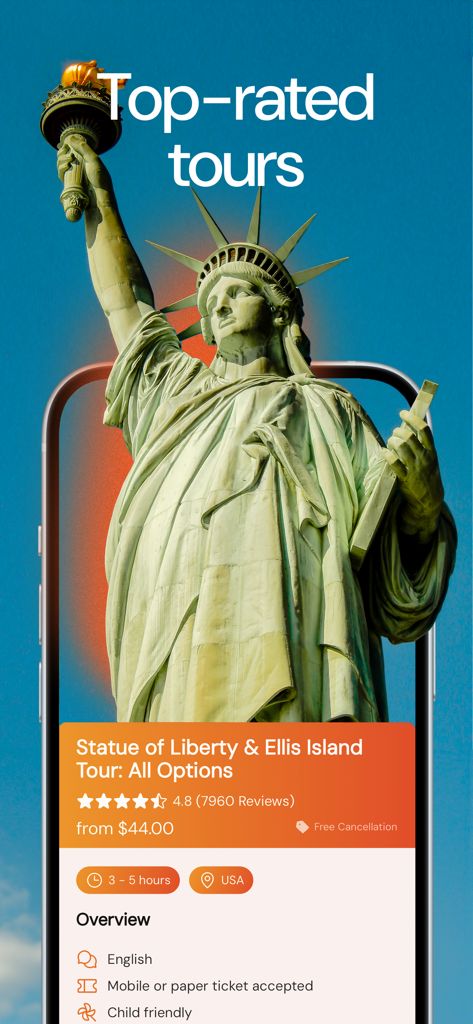 Ready Set Vacation! Countdown - Ready Set Vacation app interface displaying a top rated Statue of Liberty tour
