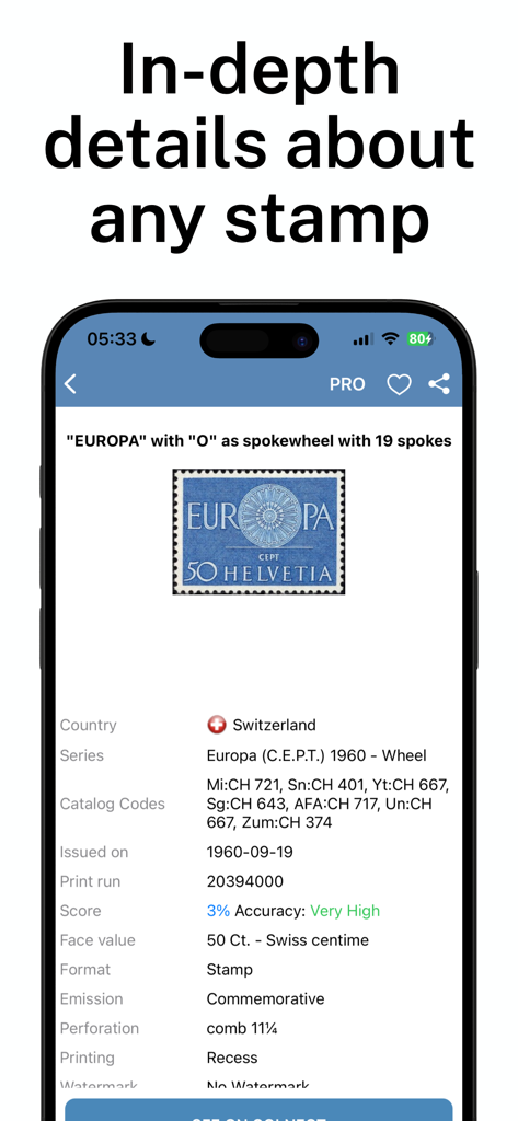 Stamp Identifier app interface showing detailed historical and technical data for a Swiss postage stamp