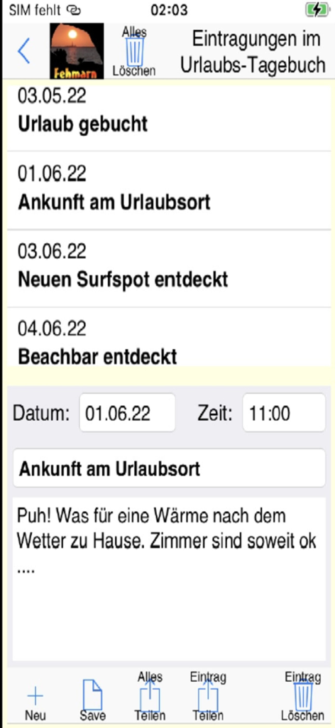 Fehmarn travel app holiday diary screen showing vacation logs and notes