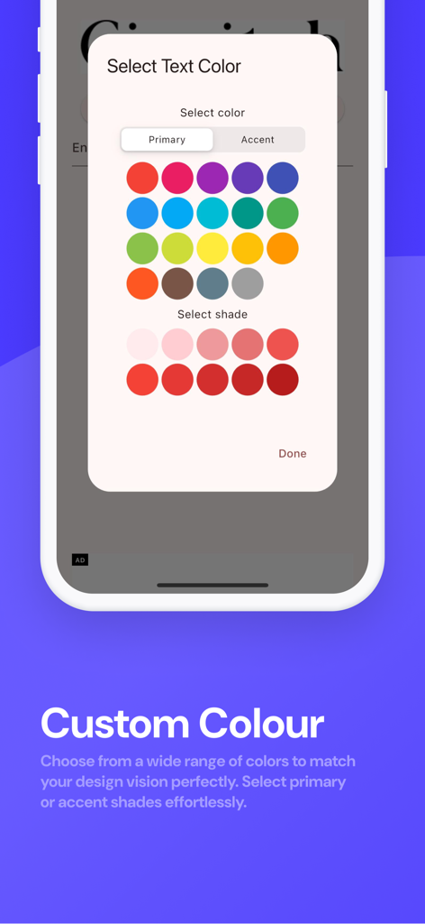 DaFonts - Fonts Downloader - Interface do aplicativo DaFonts mostrando um menu de seleção de cores com tons primários e de destaque para personalização de texto