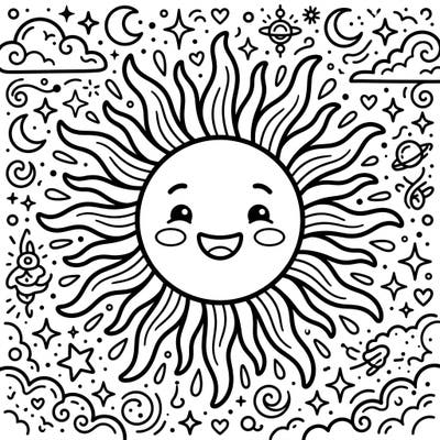 Embrace cosmic cuteness with this delightful Kawaii Sun Corona coloring page, bursting with cheerful celestial details. Its adorable sun and starry background provide a wonderful canvas for your creative imagination.