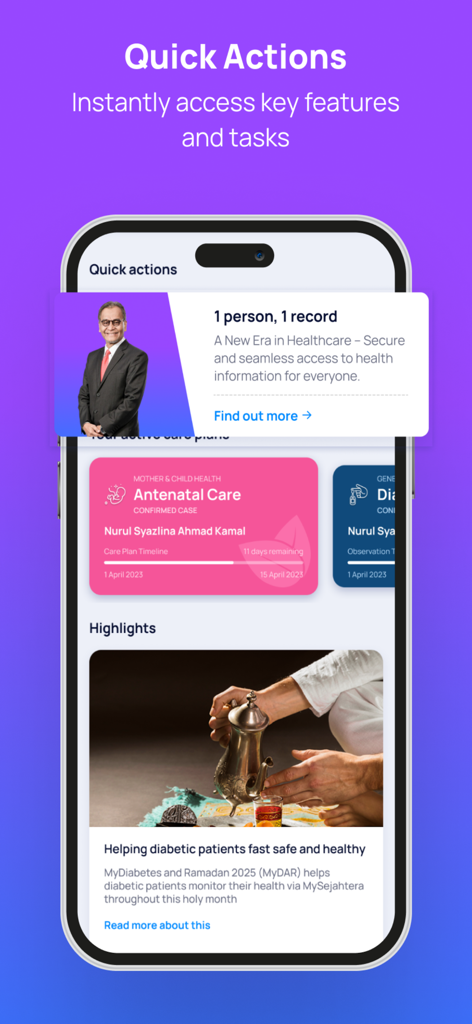 Screenshot of the MySejahtera mobile app displaying quick actions for healthcare records and personalized health highlights.