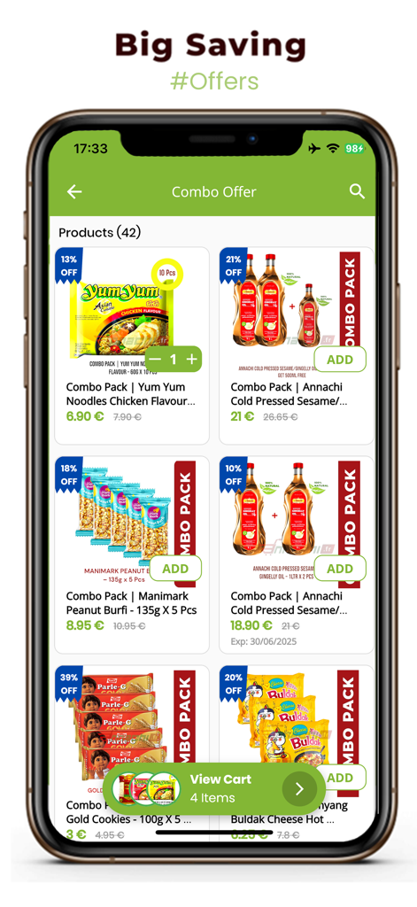 Annachi - Annachi app showing special combo offers and discounts on various Indian grocery products.