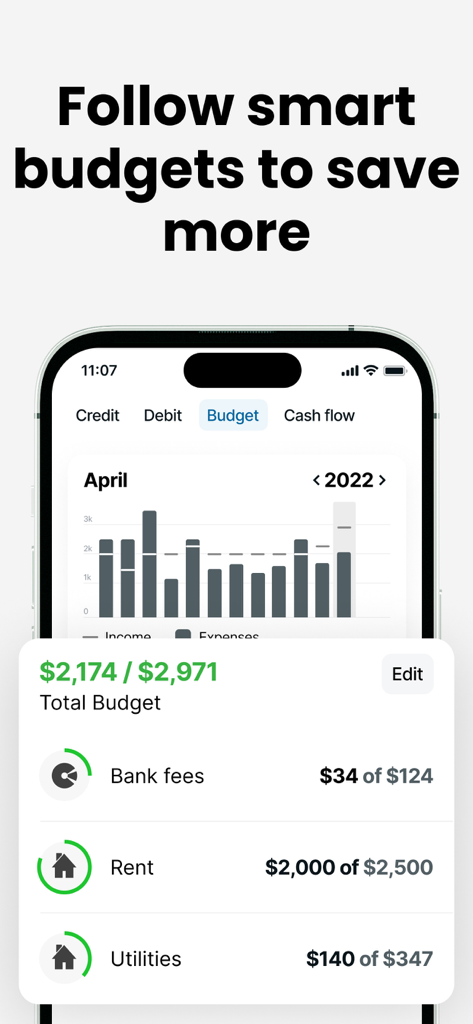 Gauss: Payoff Credit Card Debt - Gauss mobile app screen showing a monthly budget overview with expense categories and an income versus expenses bar chart
