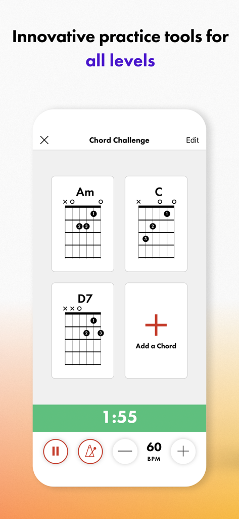 A smartphone screen showing the Fender Play Chord Challenge feature with guitar chord diagrams for Am, C, and D7, and a metronome timer.