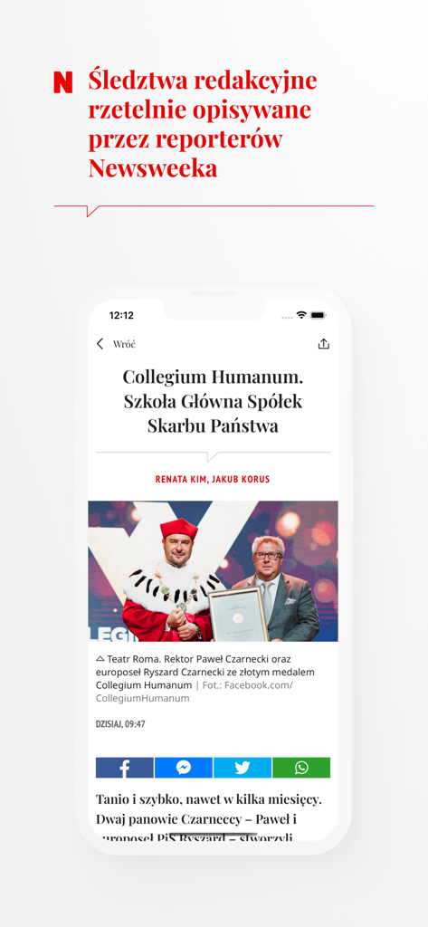 Newsweek Polska - Newsweek Polska app interface displaying an investigative article in Polish