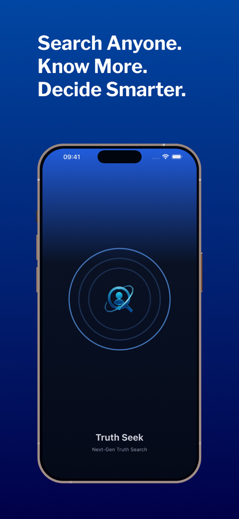 Deep Search and Truth Seek AI app intro screen with the tagline Search Anyone Know More Decide Smarter