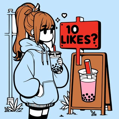 girl with oversized hoodie drinking boba and she has a high ponytail with a sign that says 10likes?