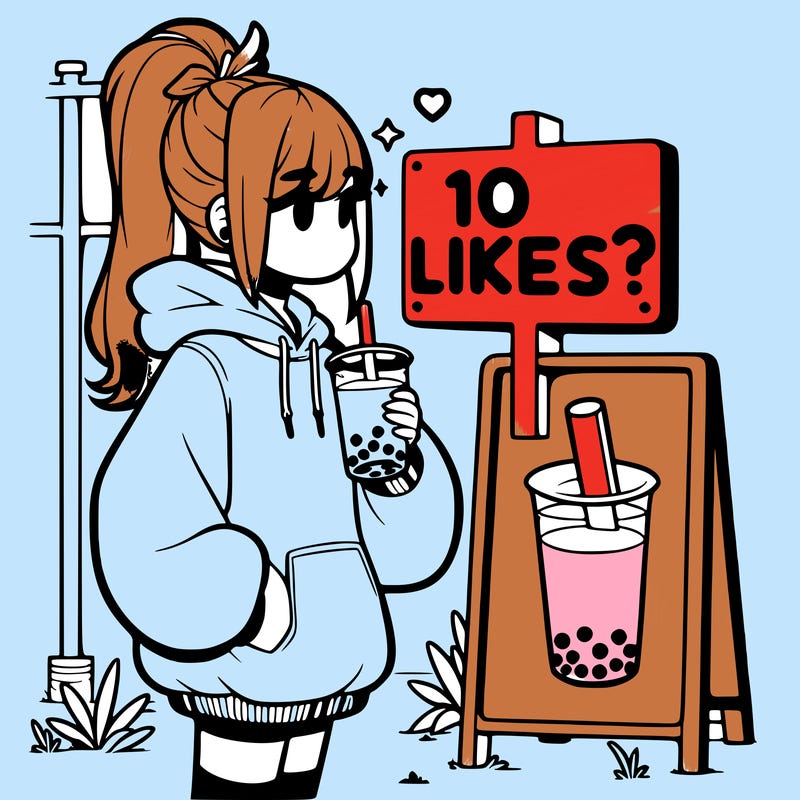 girl with oversized hoodie drinking boba and she has a high ponytail with a sign that says 10likes?