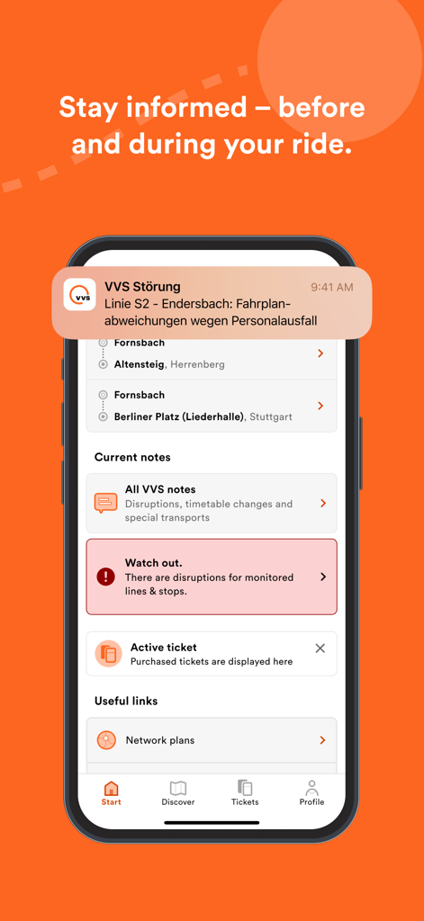 VVS Mobil App Benutzeroberfläche mit Echtzeit-Störungswarnungen im Nahverkehr und Reisebenachrichtigungen