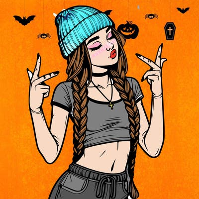 realistic teenage girl with braids and a beanie and crop top doing 🫶🏼