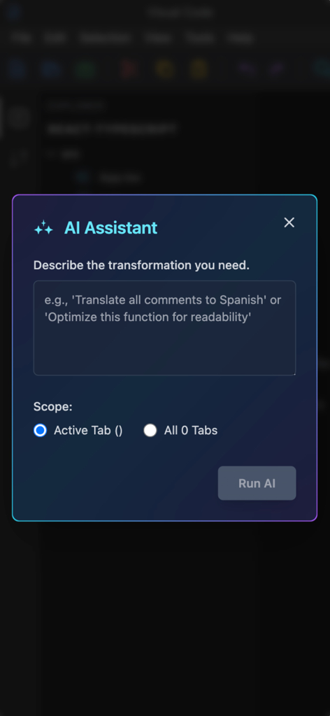 Anticode AI Assistant popup for mobile code editing and transformation