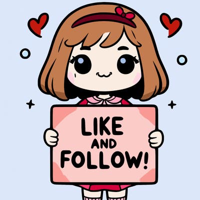 a girl holding a sign that says like and follow!