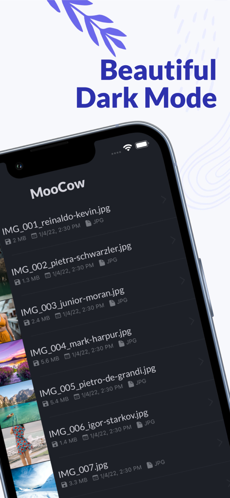 MooCow: Hide Photos & Videos - MooCow app interface displaying a list of hidden files in a beautiful dark mode