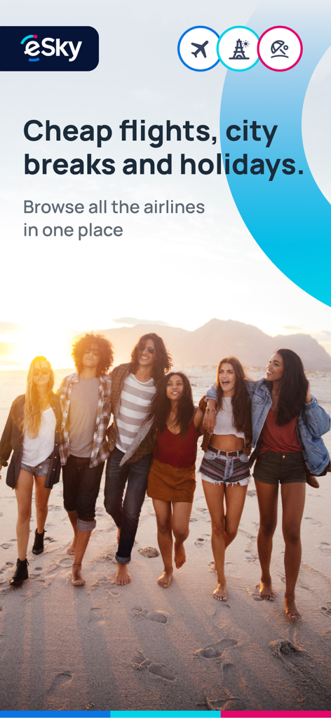 A group of young friends walking along a beach with the eSky app tagline for cheap flights and city breaks.