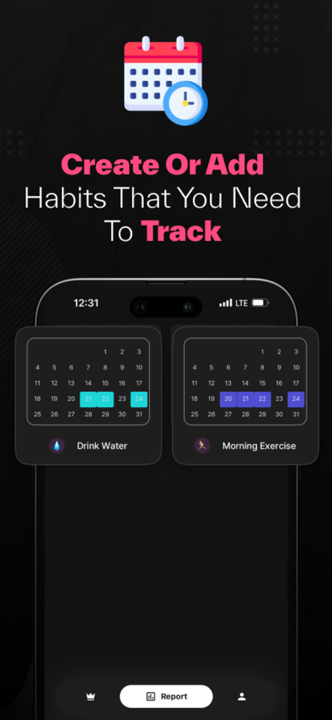 Un smartphone mostrando la interfaz de la aplicación Habithaven para crear y rastrear hábitos diarios como beber agua y hacer ejercicio por la mañana con calendarios mensuales.