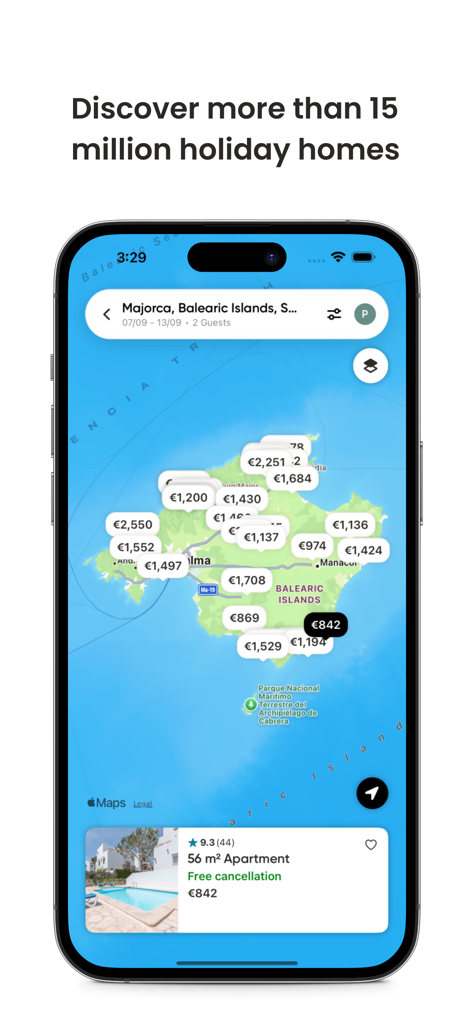 Holidu: Vacation Rentals - スペイン・マヨルカ島のホリデーホームの一覧と価格を表示するHoliduアプリのマップインターフェース