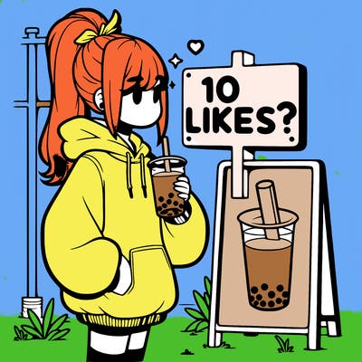 girl with oversized hoodie drinking boba and she has a high ponytail with a sign that says 10likes?